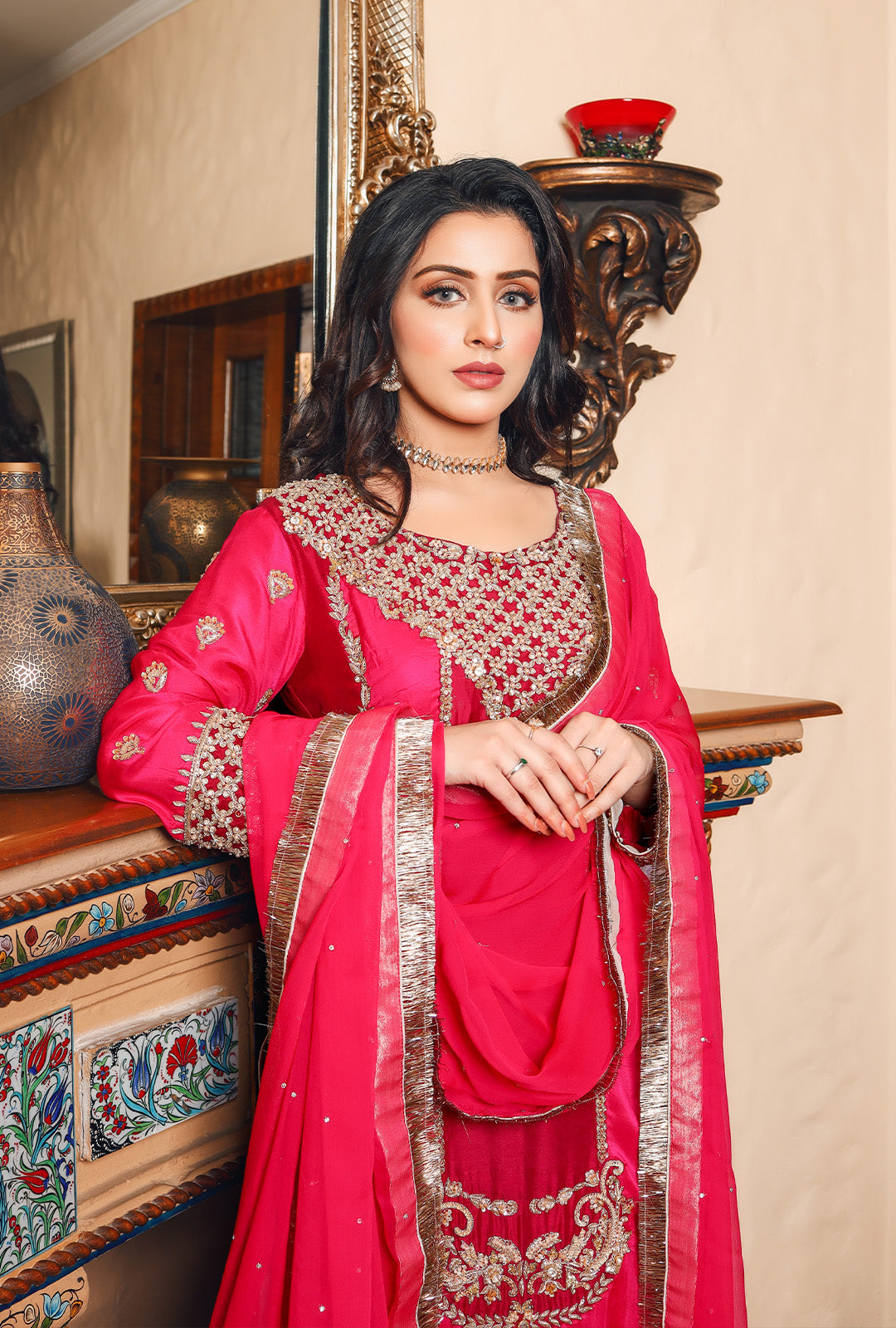 ROUGE & BRIGHT PINK SHIRT AND DUPPATA USC-139