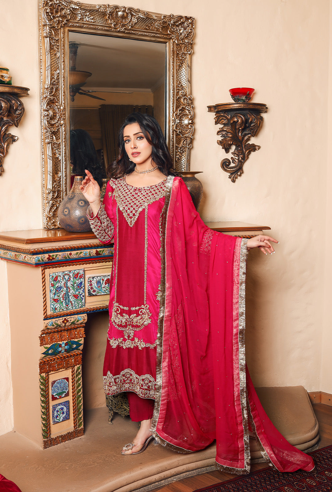 ROUGE & BRIGHT PINK SHIRT AND DUPPATA USC-139