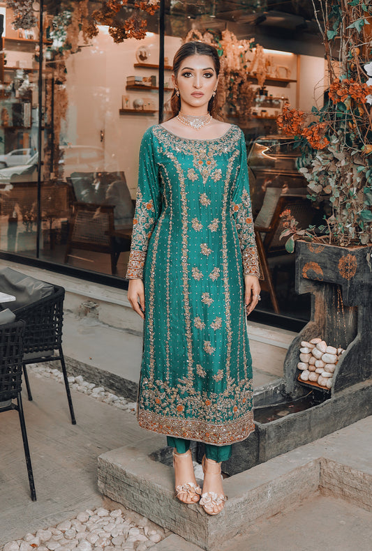 MISS PAKISTAN WEARING SEA GREEN RAW SILK SHIRT WITH HANDWORK USC-136