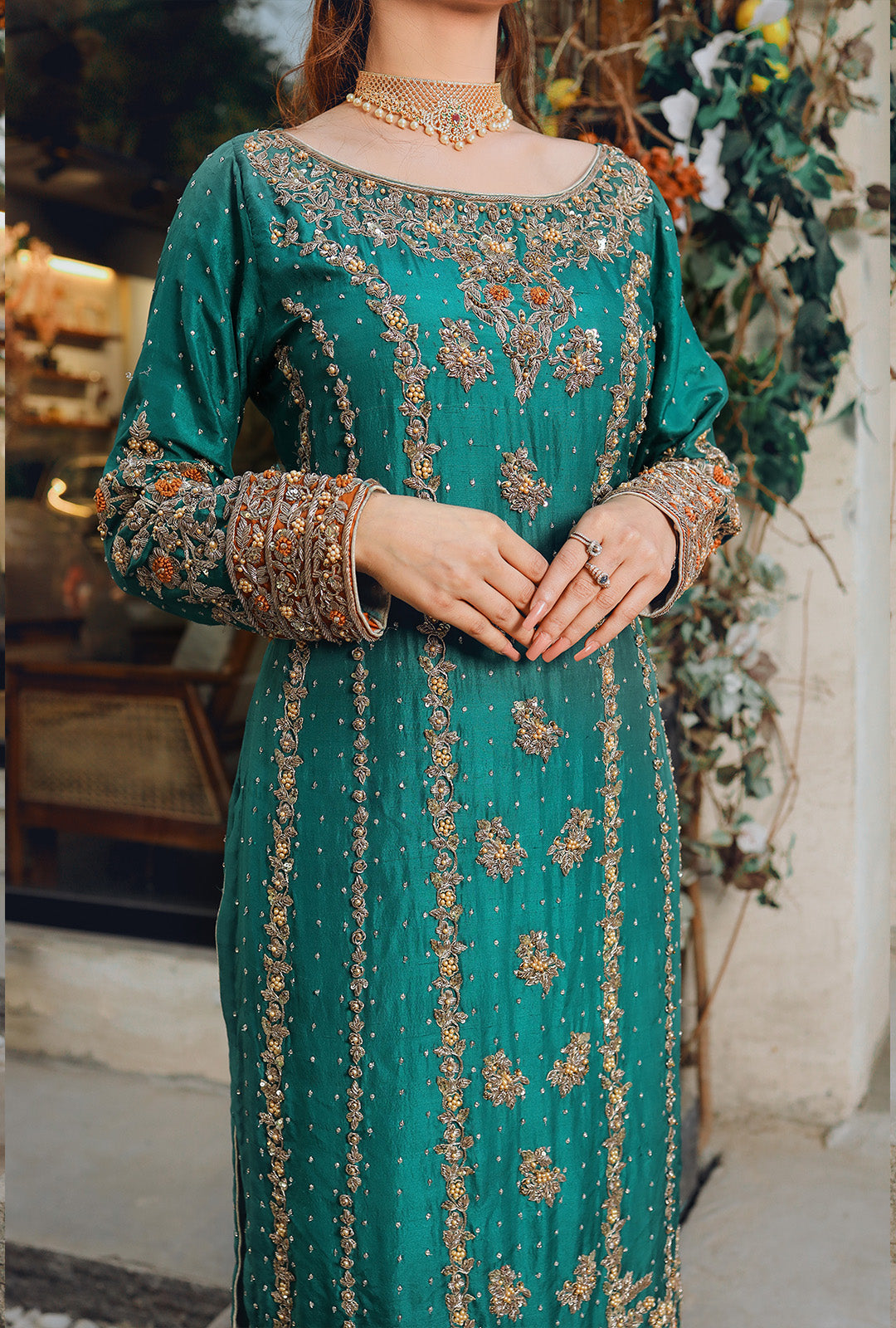 MISS PAKISTAN WEARING SEA GREEN RAW SILK SHIRT WITH HANDWORK USC-136