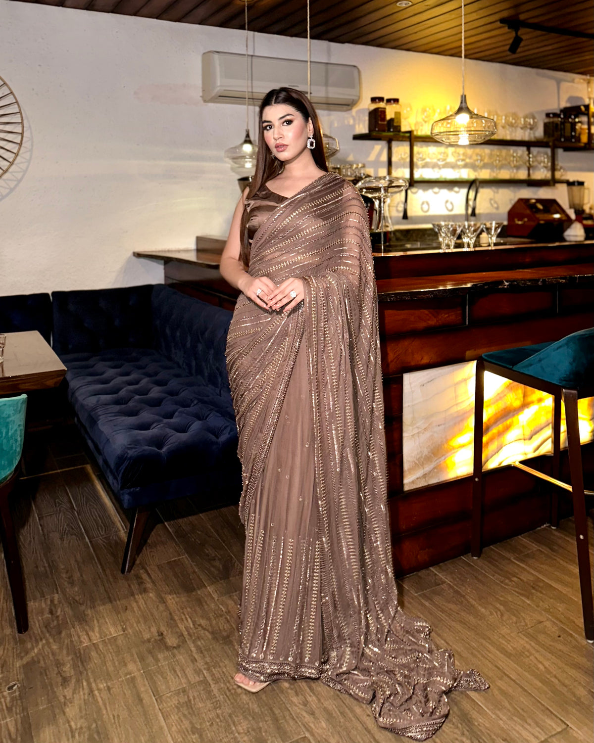 BROWN HAND WORK CHIFFON SAREE USC - 157