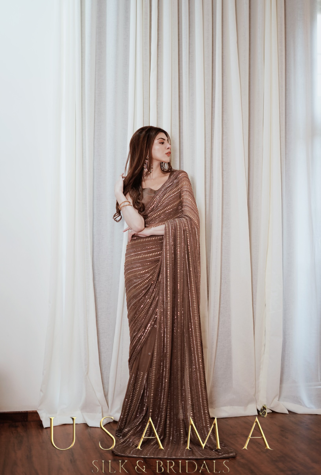 BROWN HAND WORK CHIFFON SAREE USC - 157