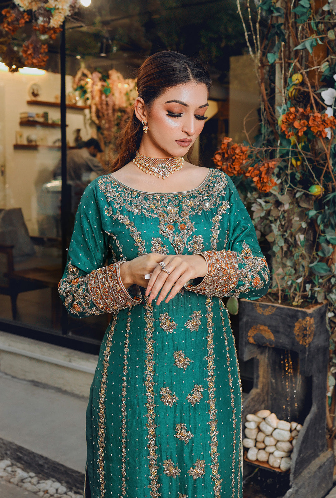 MISS PAKISTAN WEARING SEA GREEN RAW SILK SHIRT WITH HANDWORK USC-136