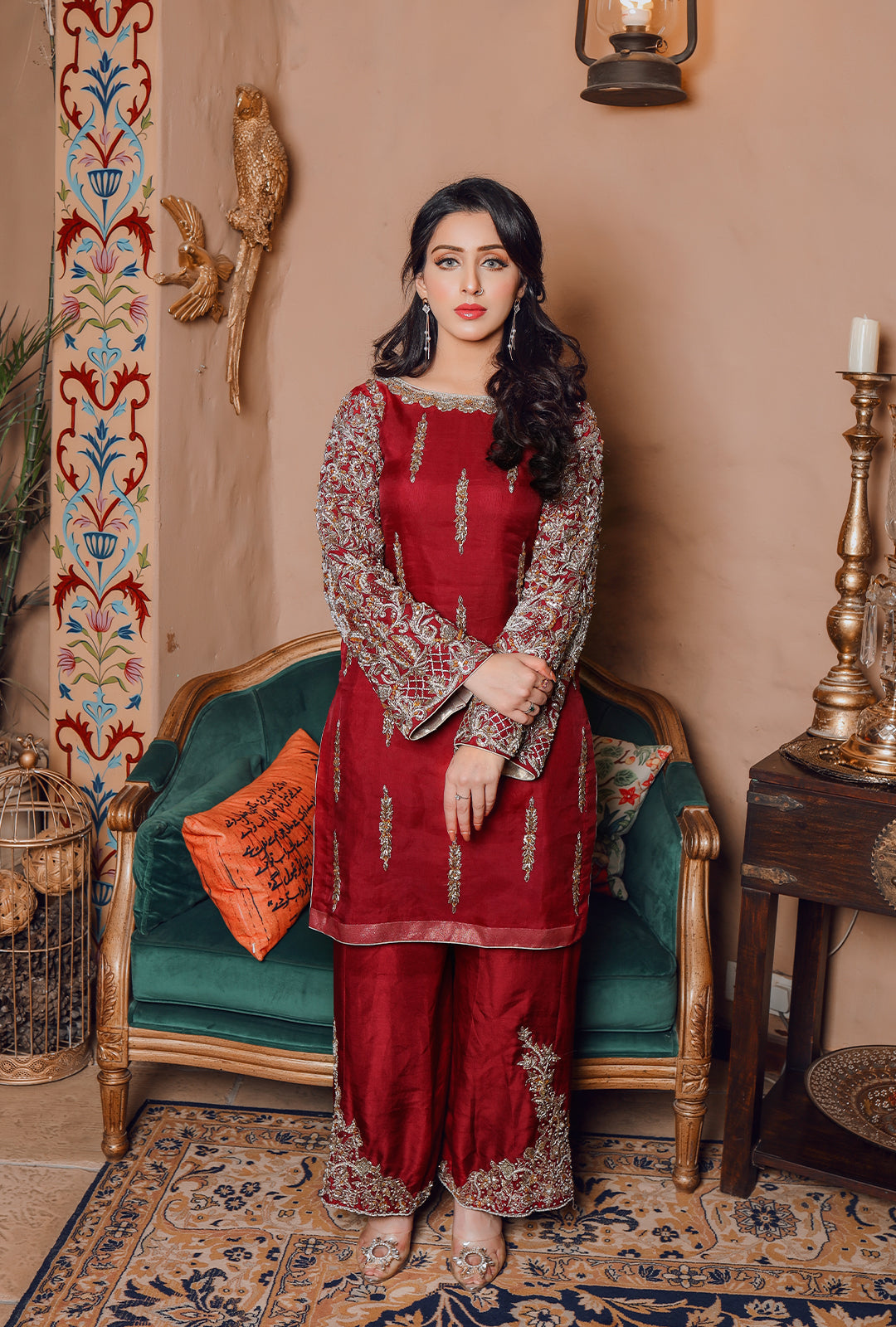 HEAVY SLEEVES RED SHIRT WITH HAND WORK TROUSER USC-138